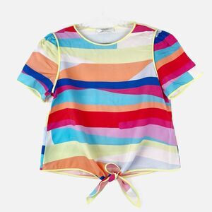 CROSBY by MOLLIE BURCH Bright Stripe Short Sleeve Tie‎ Front Tencel Top Sz Small